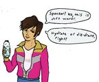 An Illustration of Grollis Zephyr in casual clothing holding up a water bottle. His broad, Ryukyunan features and stylish haircut make him appear similar to a younger version of the pop star Gackt. Zephyr holds their water bottle facing the viewer and has a speech-bubble which reads: "Sponsor? No this is just water. Hydrate or die-drate, right?"
