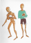 A drawing of Kennedy Rodgers. Kennedy is a bronze colored clockwork robot, whose limbs are shaped like the human skeletal system. In the first image, they are drawn full body twice. The left depiction depicts them with no clothes with the clock in the middle of their chest where their sternum would be showing. The other one depicts him in a teal long sleeved shirt and shorts. /end image description