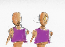 A drawing of Kennedy Rodgers. Kennedy is a bronze colored clockwork robot, whose limbs are shaped like the human skeletal system. This drawing shows Kennedy from the back, wearing a purple crop top. They rotate their head completely backwards in response to something. /end image description