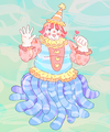 A drawing of Theo Passon, a fat mermaid with sea anemone tentacles dressed as a cute clown. Ze is waving at the viewer and making the finger heart with zir other hand.