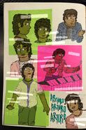 A traditional art sketch page over sticky notes, colored digitally with glitchy static patterns over it. It depicts Arturo Huerta, a Latino man with brown skin and a curly brown mullet, several times. In several of the drawings he is just a bust talking or looking worriedly to the side, but in one of the drawings he is stepping forward and looking up in fear while reaching out with his left hand, and in the other he is playing vibraphone. Text in wobbly handwriting reads “Arturo Arturo Arturo”