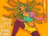 a drawing of Ortiz Lopez, skin on fire like magma, dynamically posing with her bat. she has pink skin, green snakes for hair, and green frilly gills. she is wearing a ripped cyan tanktop, yellow shorts, and fishnets. text beside it reads "ORTIZ LOPEZ ATE SOME FLAME"