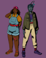 Digital drawings of Masone and O'Lantern. Masone is a fat black teenager wearing short overalls, a yellow striped shirt and sandals, and a backwards Lift blaseball cap. She is smiling with one eye closed as she holds one arm behind her neck. O'Lantern is a young tall fishy person with glowing blue short curly hair, an anglerfish lure, and a big good-natured toothy anglerfish grin. Ey are wearing a surplus army jacket and pants, a crop top, and striped socks.