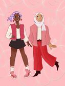 A digital drawing of Hahn Fox and Priya Fox. Hahn, on the left, has dark skin, purple tentacle hair, and is wearing a pink varsity jacket, gray skirt, white shirt, sneakers, and heart earrings. Priya, on the right, has light skin, and is wearing a light pink hijab, a pink cardigan, a white dress shirt, red dress pants, and dark red boots. They are holding hands.