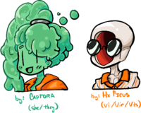Two different designs for Zoey Kirchner - one as a voidpunk person with a hole through their head and black pince nez glasses, one as a semitransparent goo person made of acid with a bubbly ponytail and a glass hairtie.