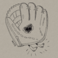 A digital drawing that looks like it was drawn with a charcoal pencil of a baseball glove with a hole in the palm. Two shiny black eyes peek out from the hole, and two feet stick out the bottom of the glove. On the feet are a pair of socks.