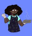 A drawing of Esme Ramsey. Esme has medium-dark skin and a large dark brown afro. She is wearing a dark blue apron with a blue and gold sun and moon design respectively, oven mitts, and not matching dangling earrings, one is the word \"jazz\" in bright pink, capital letters and the other is a gold saxophone. She is holding a tray of cookies. The background is plain blue.