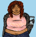 A digital drawing of Avila Guzman, a fat Dominican-American woman with brown skin, red curly hair, and two prosthetic metal arms. She is wearing a pink crop top and jeans, and holding a blue travel cup of coffee. The texture of the image is choppy and rough.