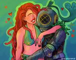 A digital drawing of Lopez and Triumphant holding each other underwater. Instead of armor, Knight is in an old-fashioned diving suit with kelp growing on it, while Lopez is an eyeless pink woman with snake hair wearing a Georgias bikini. She is facing Knight with a smile as she loops her arm around their neck, and little cartoon hearts surround them.