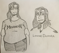 A pencil drawing of Lonnie, a fat middle aged white woman with long hair, a lip piercing, multiple ear piercings, and dark circles under her eyes. She wears a Megadeth band t-shirt and a bomber jacket.