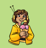 A digital drawing of Wyatt Mason VII in front of a plain green background. It is wearing yellow headphones with two antenna, a yellow jacket, and a black and yellow striped tshirt. It is smiling and holding a large icecream cone with 5 scoops of icecream.