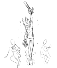 Gloria jumps out of xyr flowerpot to xyr team's shocked reactions, holding the Weird Flex aloft