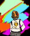 A digital drawing of Scorpler, a guy made out of scorpions who is wearing the Drive jacket, a cream and black jacket with a golden scorpion patch on the back. They have on a pair of cat headphones.
