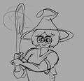 A pen sketch of O'Lantern on a blank background. Rylan has chin-length hair, big round glasses, and a witch hat with an anglerfish lure on the top. They are holding a bat with a light glowing from the wide part.