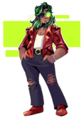 A digital drawing of Kaj Statter Jr., a Māori individual with medium brown skin and shoulder-length green hair with black streaks in it. Kaj is wearing a red leather jacket with spikes on the shoulders over a low-cut white shirt, ripped black pants held up by a belt with a golden buckle, and leather shoes that match xir jacket. Xe has green-tinted sunglasses on, and both hands are slightly tucked into xir pants pockets.