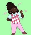 A drawing of Leo Baron. Leo is a Black person with medium brown skin, loose curly hair tied up into a bun, and pointy ears. Leo is wearing a pink and white argyle sweater over a light blue button-up shirt, light pink jeans, short pink-ish brown boots, large earrings shaped like mint candy, small pink tinted glasses, and multiple bracelets on each arm. Leo has green eyeshadow on and is posing with eyes closed looking quite proud. Around Leo are three pink stars and the background is a light minty green.