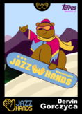 Dervin is depicted as a brown bear in a colorful ski jacket and goggles, doing a snowboard trick.