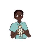A digital drawing of Emmett Internet as a child. He is a young Black kid with dark brown skin, short afro-textured hair, and big circular glasses. He's wearing a light blue polo shirt and holding a little robot that he's put together in front of him with both hands, while blushing and looking off to the side, embarrassed.