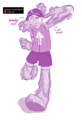 [ID: Digital drawing of Ayanna on a blank background with purple-pink messy colors. Ayanna is a tall bottle with big wide water limbs and a ponytail, a tanktop, sports shorts and dark hair under her cap. Her head is round and friendly and her face is stylized, as if it were stickers on a bottle. She's excitable, suddenly hopping into a friendly pose with a sideways peace sign and a raised leg. Captioned "Probably wig?" and "Wet arms!".