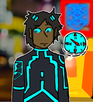 TROJAN_WRHS, a brown-skinned person with messy brown hair wearing a cyber outfit with teal circuits, stands in front of a bar with a neon sign of a glowing upside down knight chess piece.