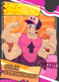 A Tlopps card of Stijn, a muscular four-armed Japanese man with rectangular glasses. He is wearing a bright pink tank top with a black upwards arrow and a pink blaseball cap. He is flexing hard and looking upwards and to his right, away from the viewer.