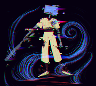 A digital drawing of Emmett Internet, risen to play for the Hall Stars. Emmett is a robot with a computer for a head, wearing a yellow pinstriped crop-top Sunbeams uniform with a sun logo in inverted Beams colors on the left breast. He is holding a blaseball bat in his right hand, and around him are swirls of wispy blue. His face is displaying a blue screen of death, and the image has a glitch effect over overlay. The background is black.