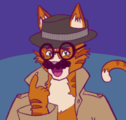 a drawing of firestar as an anthro version of firestsar from warrior cats wearing a fedora, beaglepuss disguise, and trench coat