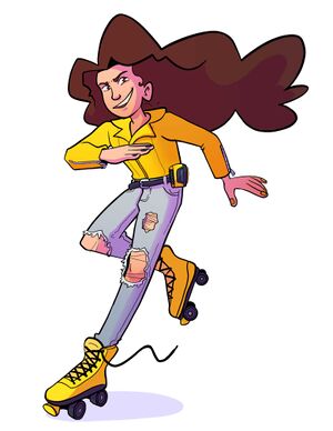 Molly Tapedeck, a young woman in a yellow jacket, on yellow rollerskates, with big hair and a devious smile