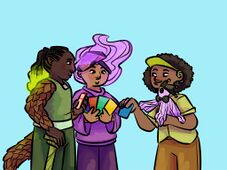 A digital drawing of Tot Best, Borg Ruiz, Guy Gulp, and Phineas Wormthrice. Borg, a person with light brown skin, and floating purple hair is standing between Tot and Guy. Bo is wearing a purple sweater and darker purple pants and is fanning out cards for the other two to draw from. Tot, a dark-skinned individual with dark cornrows dipped in green wax is standing to the left of Bo. They are wearing a sleeveless green tank and darker green pants, and their arms are covered in scales similar to a pangolin. In their left hand they hold a red card and their right hand rests on a cane. Guy, a person with short afro-textured hair, brown skin, and a hearing aid in zir left ear is is to the right of Bo. Ze is wearing a light green button up shirt, matching green visor, and light brown pants. In zir right hand ze is pulling a blue card from the selection offered by Bo, and in zir left hand ze is holding Finny, a little creature made of pink string with button eyes wearing a black jester cap and matching black bow. Finny appears to also be reaching for a card.