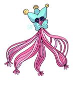 A digital drawing of Phineas Wormthrice, a small creature made of four tied-off clusters of light pink string. Ey have dark blue button eyes, and are wearing a light blue jester cap with little bells and matching light blue bow.