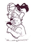 A digital drawing of Howell Franklin and Nagomi Nava. Franklin is in the George Costanza baseball meme pose, and Nava is over his shoulder, basketball in hand, lining up a shot. Underneath the two of them it reads \"Heh...nothing personal, Kid\."