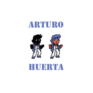 A miniature cartoon drawing of Arturo Huerta, a Latino man wearing a faded white Garages uniform. on the right, the figure is a shadowy silhouette, but on the left, he is visible as a human man with a mullet and worried expression. Text reads ARTURO HUERTA.