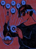 Justice Spoon depicted in red and blue as the eight of pentacles.