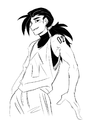 A digital ink drawing of Grollis Zephyr, a thin and muscular Japanese person with long black hair in a low ponytail and a shoulder tattoo with the number 02. Ze is wearing a loose-fitting tank top with an upwards arrow over a tight black sleeveless turtleneck, and loose track pants. Ze looks down at the viewer with a cocky smile.
