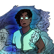 A digital drawing of Jaylen, an Afro-Brazilian woman with curly short dark hair and brown skin, surrounded by teal and blue waves. Her jersey is teal and green and her eyes are bright white.