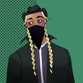 A digital drawing of Donia Bailey, a woman with tan skin, blonde hair in two long braids, and dull blue eyes. She is wearing a cowboy hat, a bandana over her nose and mouth, a trenchcoat, and a Spies jersey.