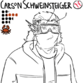An uncolored drawing of Carson Schweinsteiger with his team, stats, and position displayed above. Carson is a carcinized man with shoulder length hair drawn back in a half pony tail. He wears a pair of ski goggles, a tube face mask covering over the lower portion of his face, and a hooded snow jacket.