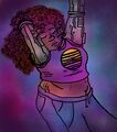 Avila Guzman is a fat Latina woman who is dancing in a colorful, neon-lit space. She has robotic prosthetic arms and very curly red hair which is flying over to the left. She is wearing a pink t-shirt with the synthwave sun on it.