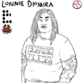 An uncolored line drawing of Lonnie Diomira with her team, stats, and position displayed above. Lonnie is a lightly carcinized fat middle aged mixed Black and Japanese woman with hair in microbraids reaching past her shoulders. She wears a Molchat Doma band t-shirt, and her arms are tattooed with many faces surrounded by various types of plants.