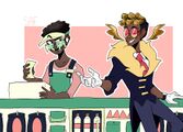 A digital drawing of Guy Gulp with Aldon Cashmoney at the counter of Seven Helleven. Guy is an dark-skinned person with short afro-textured hair and a hearing aid in zir left ear. Ze is handling a box and having a conversation with Aldon, an individual with dark brown skin, golden locs made of coins, and a small set of golden wings, who is leaning back on the counter casually.