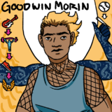 A digital drawing of Morin, a person with light brown skin, and short, golden hair. She is wearing a blue tank top over a short sleeved black mesh top. She has a set of golden wings, and two dark blue shadow arms patterned like the night sky, the left one giving a thumbs up.