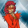 A digital drawing of Harmony Henderson. Harmony is a red haired woman with pale skin with crab markings on her face and hands. She is wearing a red pantsuit with pointy shoulder pads with spikes all over them. She is frowning with her hand to her chin.