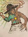 A hand-drawn picture of Jolene Willowtree, a dark skinned Diné woman with dark hair, a black, wide brimmed, high domed hat. She is depicted in mid throw. Her left arm, a living Willow tree with roots forming fingers and a canopy of branches streaming behind her as her body accelerates forward, is crossed over her body while her right, a normal human arm, is rearing back as she throws the pitch. Her expression is one that conveys centered focus and quiet joy.