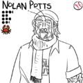 An uncolored drawing of Nolan Potts with his team, stats, and position displayed above. He is a hypercarcinized man with a cleft lip, straight chin length hair, a beanie, several piercings, and a crab drawing engraved on the chitin of one arm. He wears a scarf and an open buttonup over a shirt reading, "cool guy," and grins a lopsided grin.