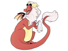 A digital drawing of Hendricks Richardson, a large red dragon with a yellow stomach, tiny wings, and a white beard and tuft of fur on his tail. He is holding a small pair of circular glasses and is wiping them clean with a white cloth.