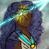 A digital drawing of Goodwin Morin, a tall, broad-shouldered Indian/Bolivian woman with brown skin and galaxy-patterned long blue hair. She has a unibrow, and is wearing a blue and gold medal over a toga. She has one big stylized eye on the left side of her face that looks like a star. The star has a glowing blue arrow going through it.