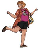 A colored full body digital drawing of Mags Banananana on a blank background. Mags is a middle-aged Brazilian woman with an eclectic wardrobe of Birkenstocks sandals, a BlaseballCares Lift Heart and Swole shirt, a Firefighters shawl, short shorts, and minions merch.