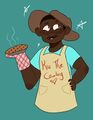 A drawing of Jaxon Buckley. Jaxon is a Black man with medium brown skin, dark brown hair shaved short, and a mustache. He is wearing a brown cowboy hat and a yellow apron with the words "Kiss the Cowboy" on it. In one hand he is holding a fresh baked pie (with a red plaid oven mitt) and is smiling off camera. The background is plain blue with little stars around Jaxon.