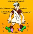 Propaganda of an old white man in a toga and red Tigers jersey and awful green sneakers. Text reads: Help save our legends! Give this man clout, he sucks, idol Nicholas Mora on day 97