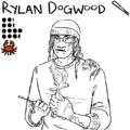 An uncolored bust drawing of Rylan Dogwood, a slightly carcinized thin middle aged Korean person. Sie has long hair under a knit hat and rectangular glasses, and looks down at the carving chisel and carved owl sie holds. a live wooden lizard sits on hir shoulder.